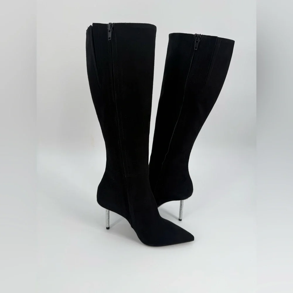 Diane B. Sophisticated Black Suede Knee-High Stiletto Boots with Rhinestone Heel - Picture 8 of 16